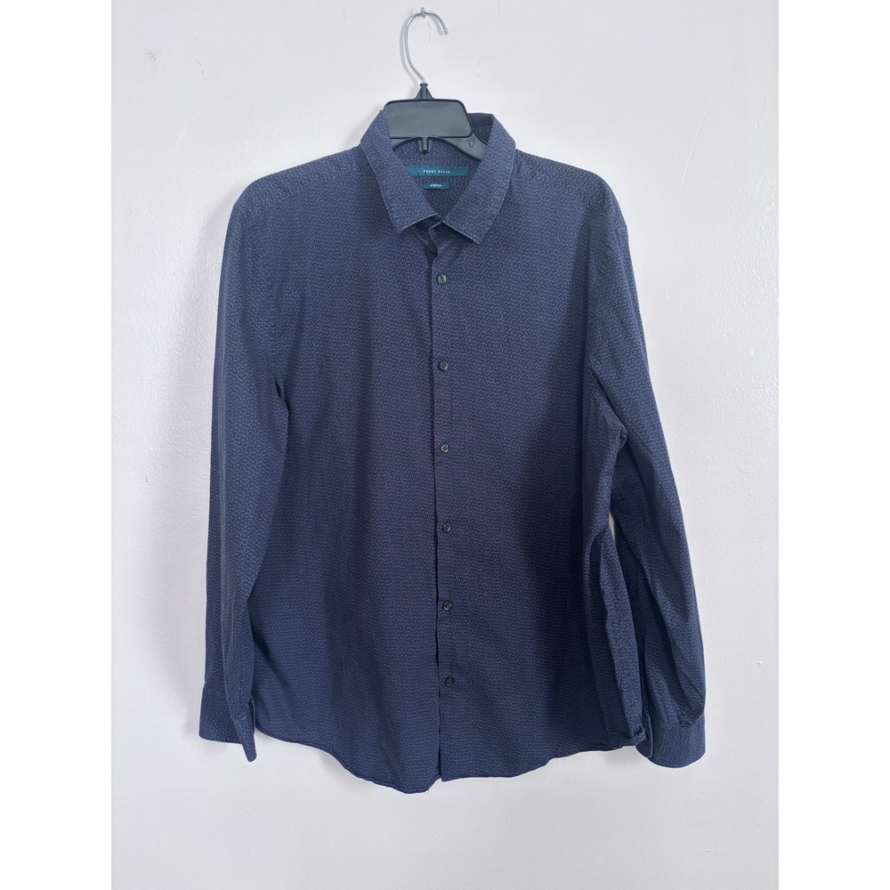 Perry Ellis Mens XL Navy Blue Micro Floral Dot Print Stretch Button Down Shirt